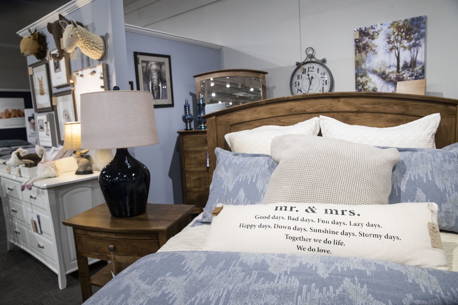 Bedroom decor and furniture is displayed on the 14,500 square-foot showroom floor.